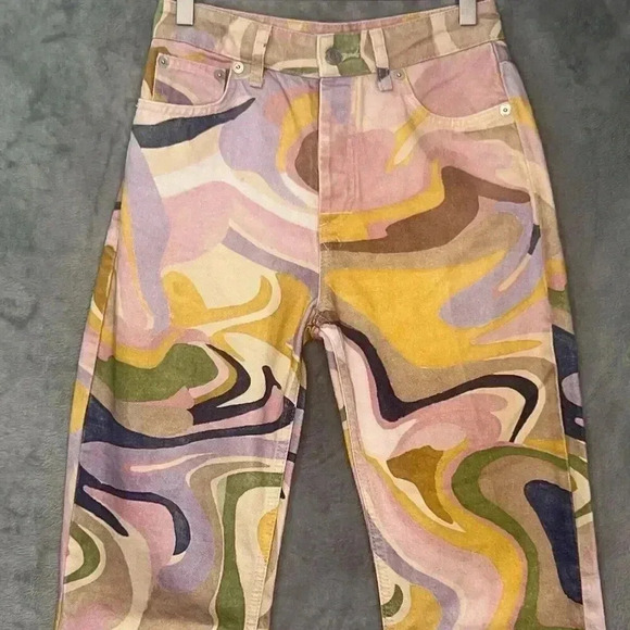 Zara Multicolor Denim Straight Jeans‎ with Psychedelic Abstract Swirl print Sz 2 - Picture 4 of 13